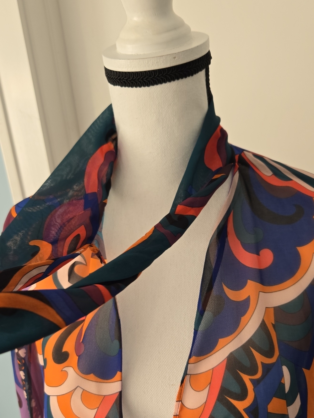 Zara Bright Multicolor Print Mini Blouson Dress Long Sleeves Neck Tie Fitted L - Picture 8 of 11